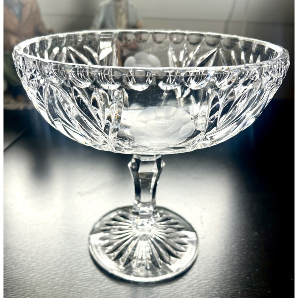 Vintage Brilliant Cut Glass Pedestal Bowl Oval 5.75" Tall Serving Bowl Compote